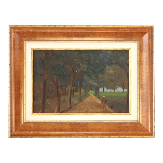 Antique French Tree-Lined Country Path Oil Painting For Sale