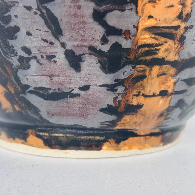 Signed Studio Pottery Bowl | j.a. Ridley 2013 | Drip Glaze Stoneware | Bronze & Black Oil-Spot Glaze | Large Centerpiece Bowl For Sale In Chicago - Image 6 of 12