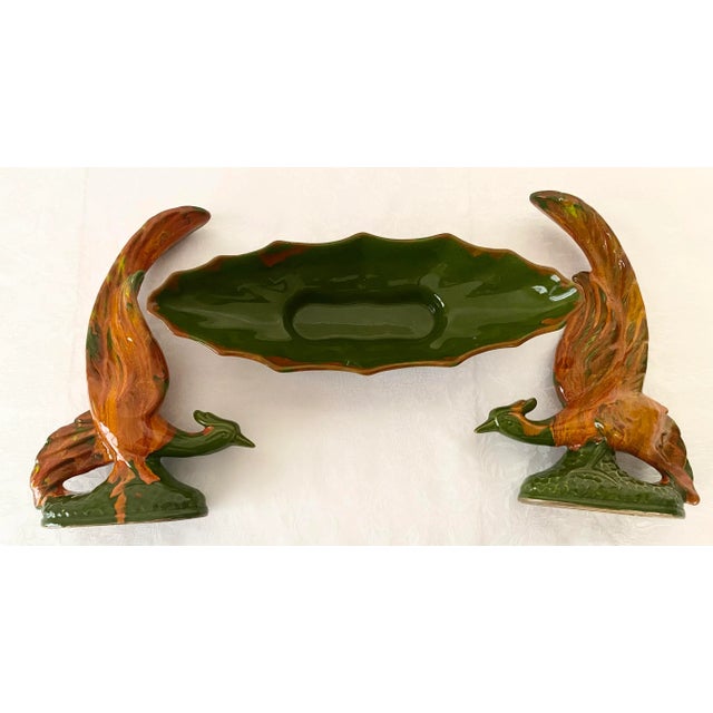 Mid 20th Century Rare Mid-Century California Original Pottery/Ceramics Oblong Scalloped Edged Low Bowl & Two Fire Phoenix Pheasant Birds 3 Pieces Excellent Condition. For Sale - Image 5 of 12