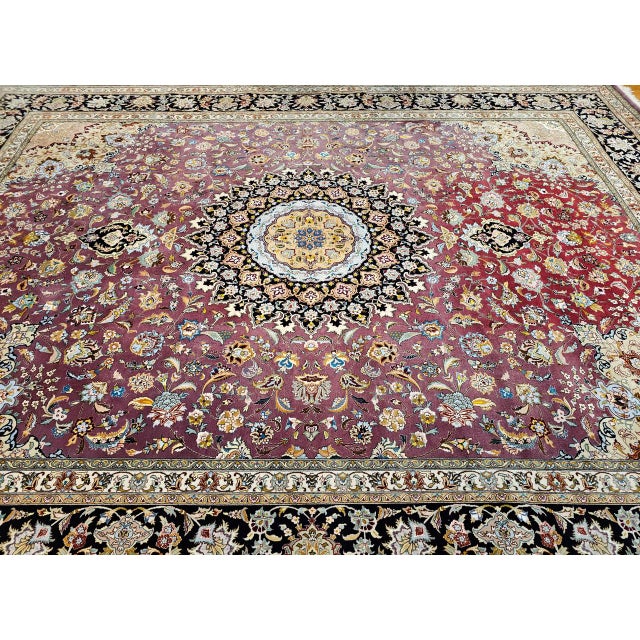 Vintage Persian Tabriz Rug, Hand-Knotted Wool & Silk, Fine Floral Pattern, Burgundy & Navy, 10x13 For Sale - Image 10 of 18