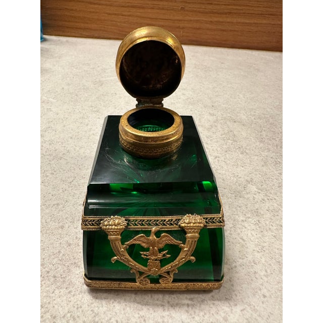 Antique French Empire Style Emerald Green Glass & Gilt Inkwell For Sale - Image 9 of 10