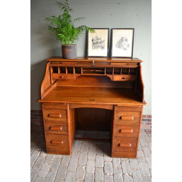 Antique Oak Roll-Up Desk and Office Chair, Set of 2 For Sale - Image 10 of 17