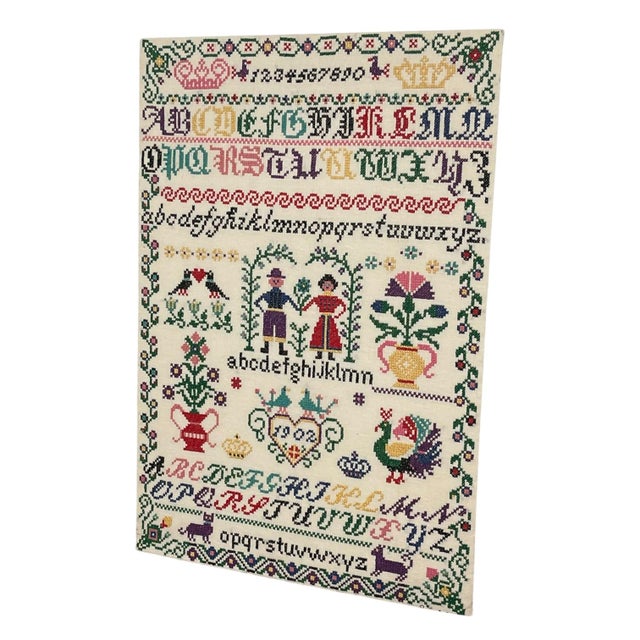 American Vintage Hand-Stitched Cross Stitch Alphabet Sampler Needlework Folk Art Textile For Sale - Image 3 of 10