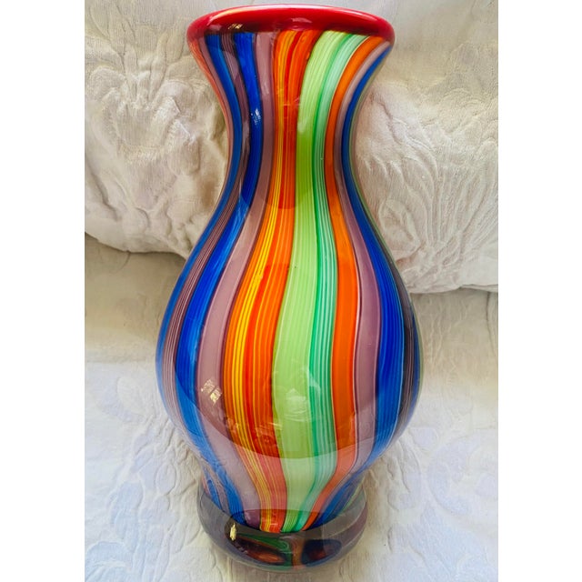 Blue Vintage Millefiori Striped Italian Murano Attributed Heavy Glass Paperweight Vase For Sale - Image 8 of 11