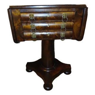 Antique American Empire Federal Drop Leaf Flame Mahogany Two Drawer Table With Brass Lion Head Drawer Pulls For Sale