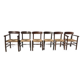 Vintage Rustic Wood Rattan Dining Chairs Set of 6 For Sale