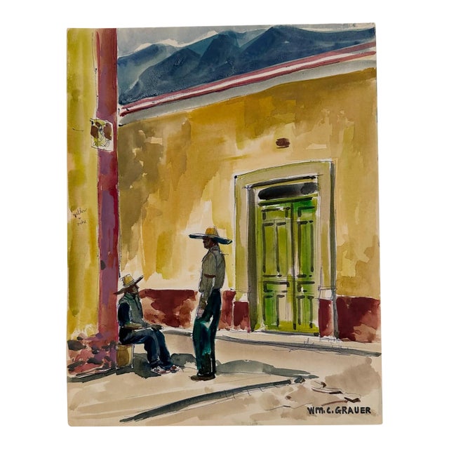 William C Grauer, 1895- 1985, Untitled (Conversation in a Mexican Street) Ink and Watercolor on Paper For Sale