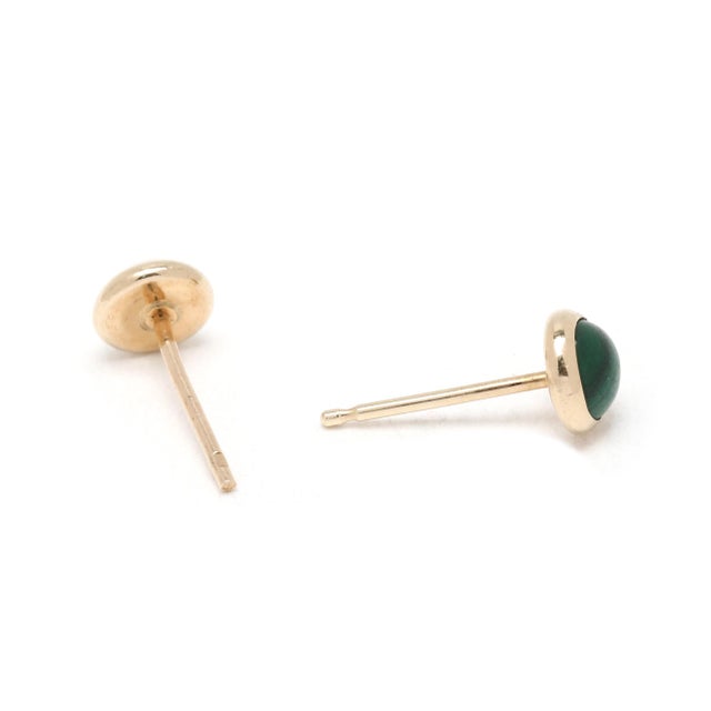 Modern Malachite Bezel Studs, 14k Yellow Gold, Length 5 Mm, Dainty For Sale - Image 3 of 4