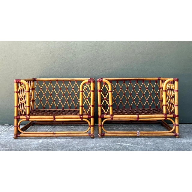 Camel Vintage Wrapped Rattan Lounge Chairs - A Pair For Sale - Image 8 of 12