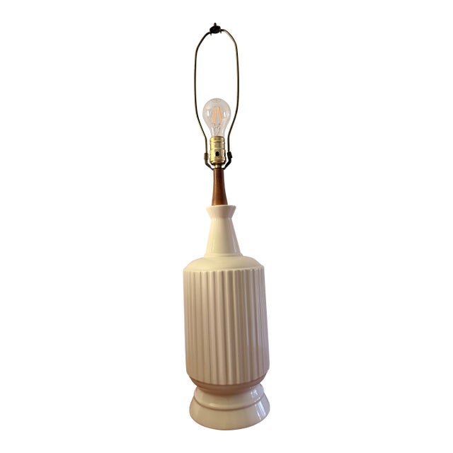 Vintage Mid-Century Danish Modern White Fluted Ceramic & Teak Table Lamp For Sale