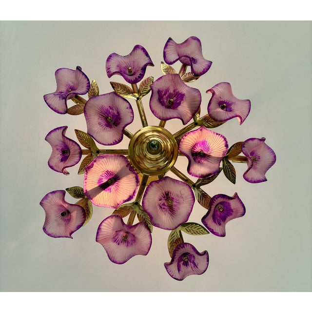 Vintage Hand-Painted Purple Glass Floral Flush Mount Chandelier For Sale - Image 15 of 17