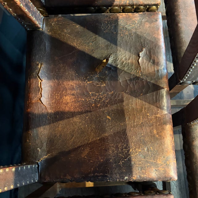 French Antique Leather and Nailhead Dining Chairs With Bobbin Legs -Set of 6 For Sale - Image 10 of 12
