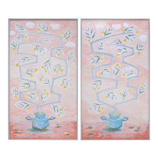 "Orange Tree on Rose Background" Contemporary Mixed-Media Botanical Paintings by Tom Wise, Framed - A Pair For Sale