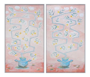 "Orange Tree on Rose Background" Contemporary Mixed-Media Botanical Paintings by Tom Wise, Framed - A Pair