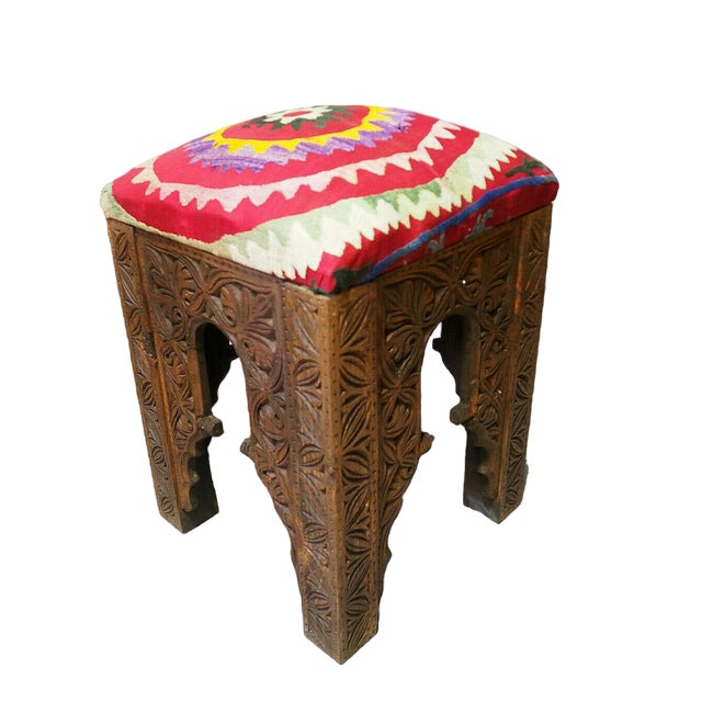 Vintage Hand-Carved Wooden Stoll Chair, Afghanistan For Sale