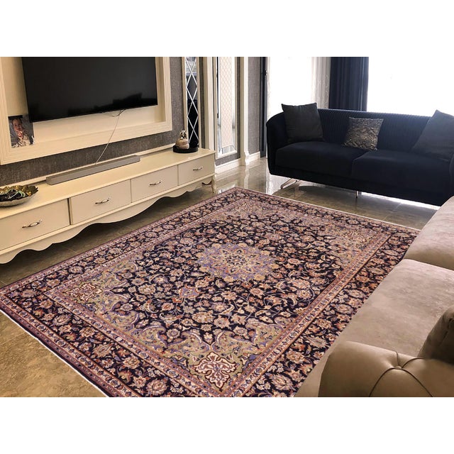 All offers are welcome This Persian Kashan rug is a vintage antique-inspired, hand knotted wool piece in blue and beige,...