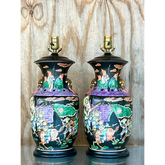 Chinoiserie Vintage Chinoiserie Hand-Painted Ceramic Figural Table Lamps – A Pair For Sale - Image 3 of 12