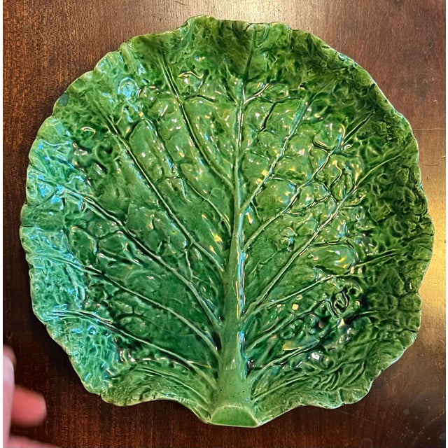 Early 20th Century Antique Portuguese Majolica Pottery Green Cabbage or Lettuce Leaf Serving Dish For Sale - Image 5 of 15
