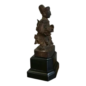 Chinese Carved Wood Statue of an Official Holding a Dog & Fish - Mounted on Custom Base