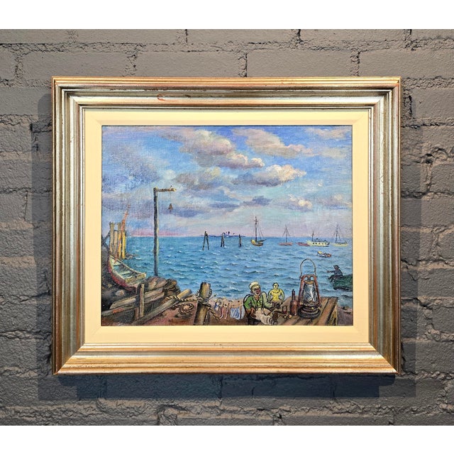 David Burliuk -1950s Fishermen lifestyle on Sag Harbor -Oil painting Ukrainian Expressionist - Oil painting on canvas...