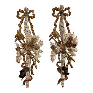 1940s Italian Pair of Hand Carved Giltwood Candle Sconces For Sale