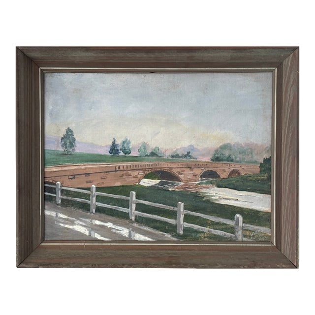 1990s Oil Painting - Landscape With Arched Stone Bridge and River by Lester J. Clarke For Sale