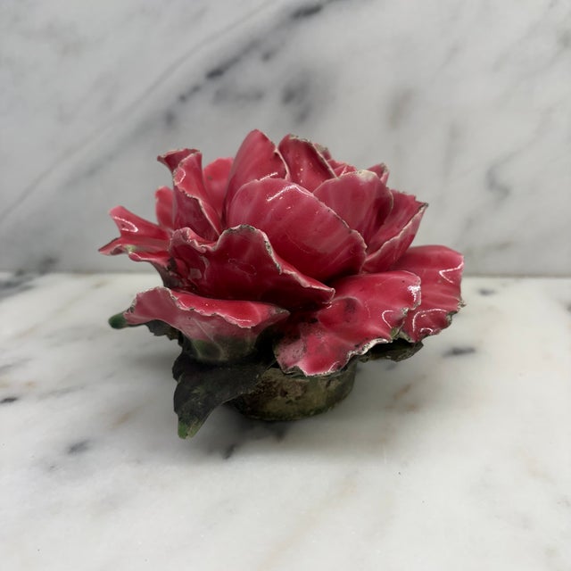 Antique French Pink Porcelain Rose Flower Sculpture With Green Leaves For Sale - Image 4 of 8