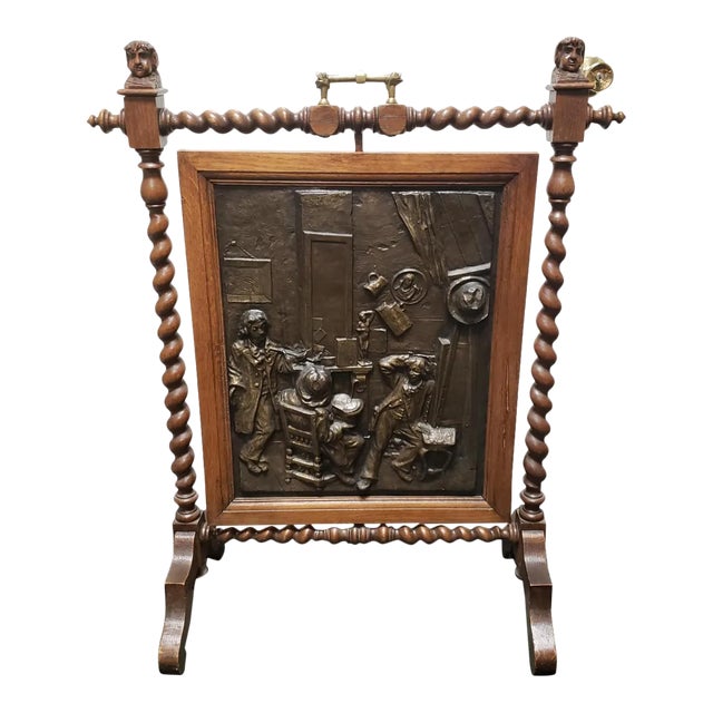 C. 1880 English Arts and Crafts Movement Hammered Copper Oak Rotating Fireplace Screen Signed "Dase" For Sale