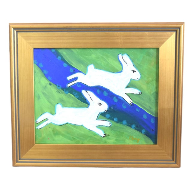 2020s Folk Art Hopping Bunnies Rabbits Hares Oil Painting Including the Antiqued Gold Frame For Sale - Image 5 of 5