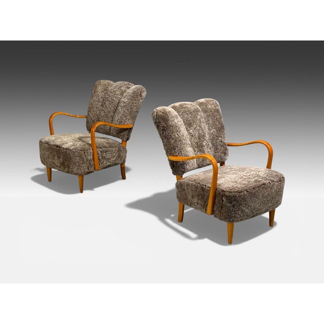Mid-Century Modern Swedish Modern, Lounge Chairs, Elm, Gray Shearling, Sweden, 1940s For Sale - Image 3 of 11