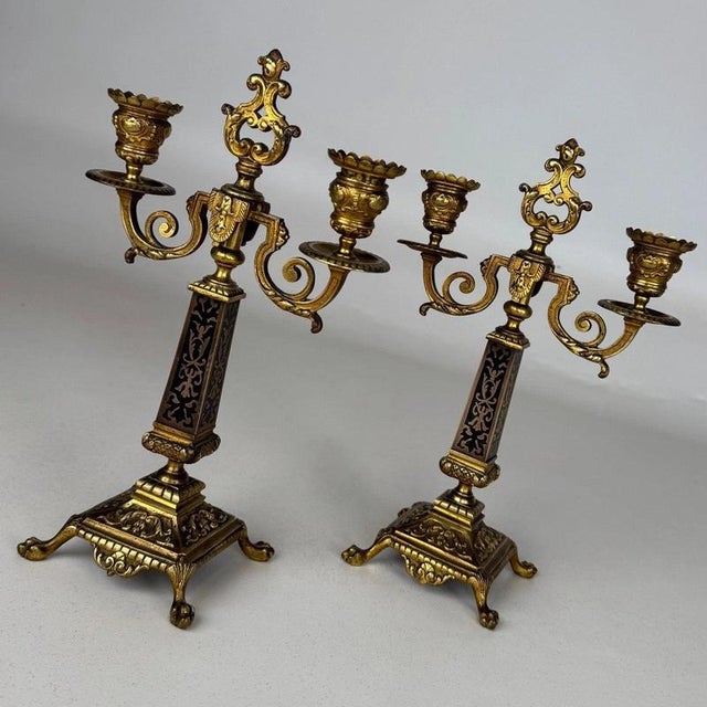 Brown 19th Century Antique French Brass and Ebony 2-Light Candelabras, Set of 2 For Sale - Image 8 of 10