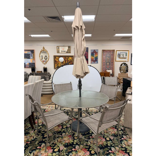 Brown Jordan Brown Jordan 5 Pc Outdoor Dining Set Table, 4 Chairs With Umbrella and Stand For Sale - Image 4 of 9