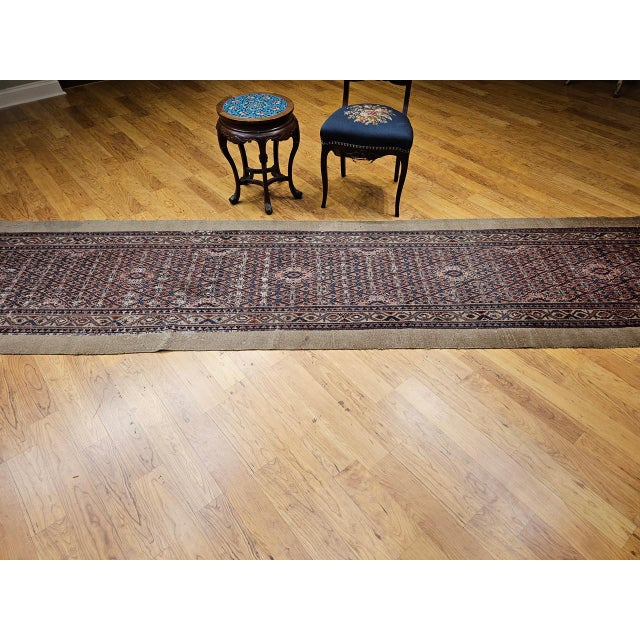 19th Century Antique Persian Serab Camel Hair Runner Rug, Hand-Knotted Wool, Allover Geometric Pattern, Red & Blue, 3x20 For Sale - Image 5 of 15