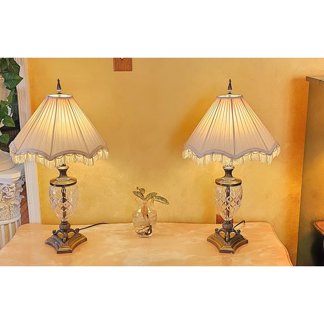 Traditional Style Crystal & Brass Table Lamps, a Pair For Sale - Image 12 of 12