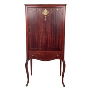 Edwardian Style Mahogany Music Cabinet — Marquetry Inlay, Cabriole Legs For Sale