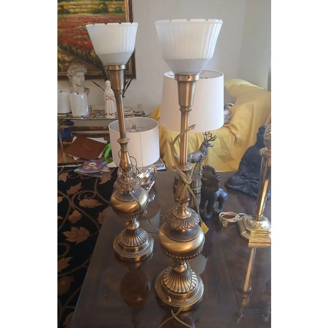 1970s Vintage Brass Torchiere Table Lamps, a Pair For Sale - Image 5 of 12