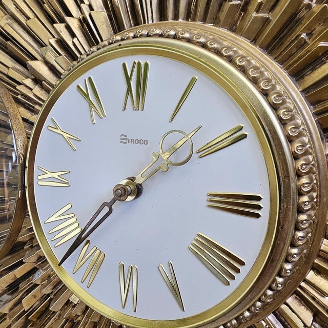 Syroco Mid 20th Century Modern Starburst Wall Clock in Antique Gold Finish For Sale - Image 15 of 18