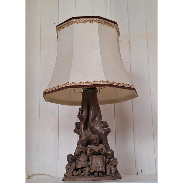 Vintage Figurative Table Lamp in Brown Ceramic with Original Fabric Shade, 1980s For Sale - Image 6 of 7