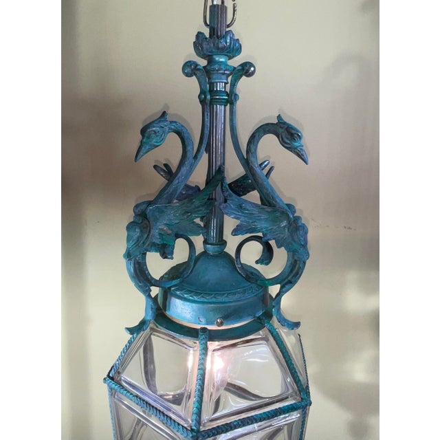 Metal Antique Neoclassical Bronze Hanging Lantern / Pendent With Ornate Swan Motif For Sale - Image 7 of 17