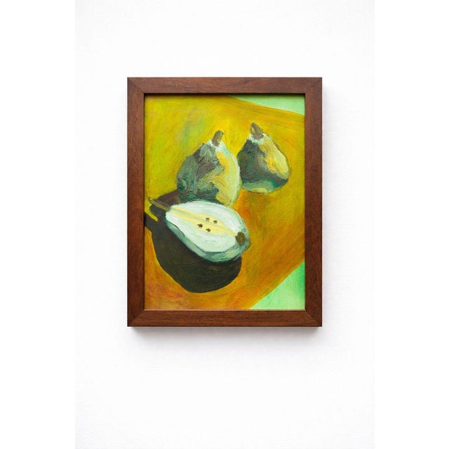 This original contemporary still life painting features a composition of pears rendered in expressive, textured acrylic...