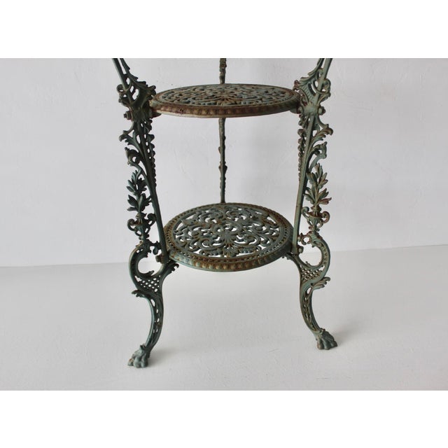 Metal Victorian Style Cast Iron Three Tiered Jardinière Plant Stand Lion Head Paw Footed Details Vintage For Sale - Image 7 of 18