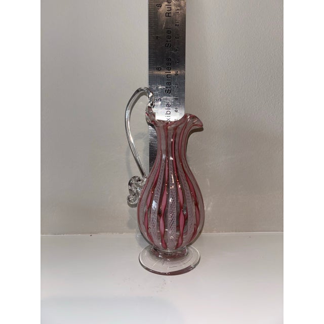 Mid 20th Century Murano Pink & White Latticino Filigree Glass Pitcher & Vase - Set of 2 For Sale In Seattle - Image 6 of 12