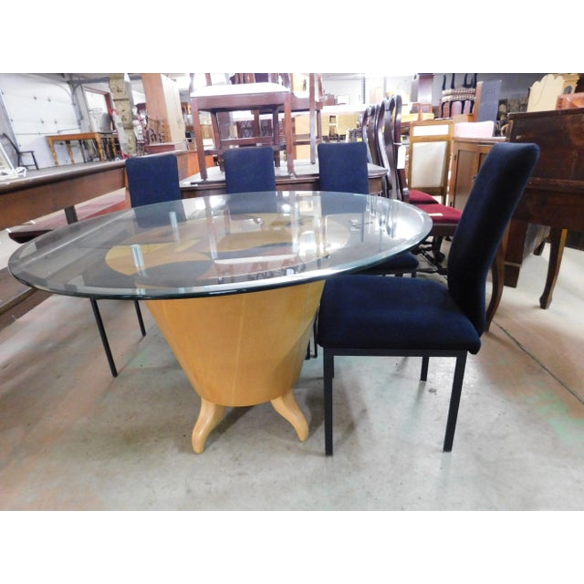 Postmodern Benjamin Le Style Wood Inlay Glass Top Dining Table 48"w For Sale - Image 11 of 12