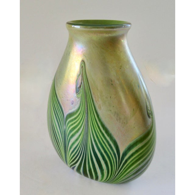 A Vintage Art Nouveaux-Style, Signed Iridescent Thick and Solid "Feather," Vessel/ Vase For Sale - Image 12 of 18