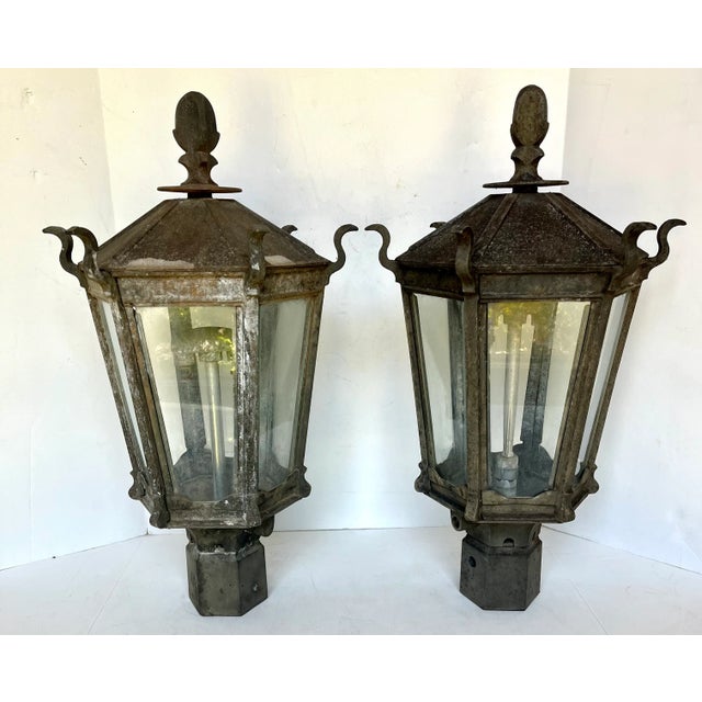 Antique Early 1900s Gas Iron Lamp Post Lanterns - A Pair For Sale - Image 11 of 12