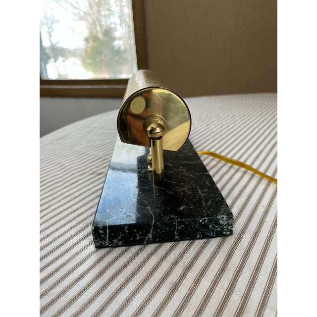 Vintage polished brass bankers lamp on a green marble base For Sale - Image 6 of 6