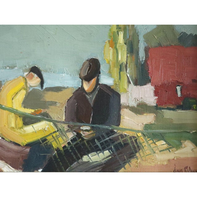 Textile Mid-Century Modern 'The Net Menders' Vintage Original Figurative Coastal Landscape Oil Painting, Framed For Sale - Image 7 of 11