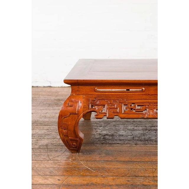 Brown Vintage Chinese Style Low Kang Coffee Table with Carved Scrolls & Chow Legs For Sale - Image 8 of 12