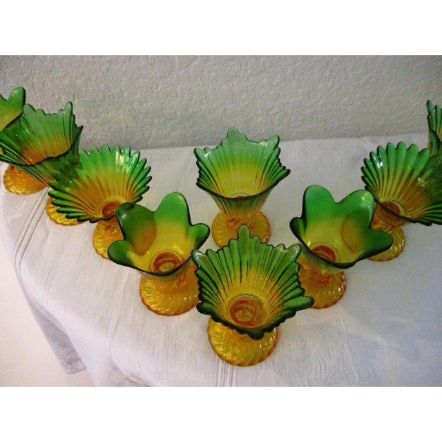 Charming set of ten marigold and green shaded flash glass floral design dessert glasses in three different designs....