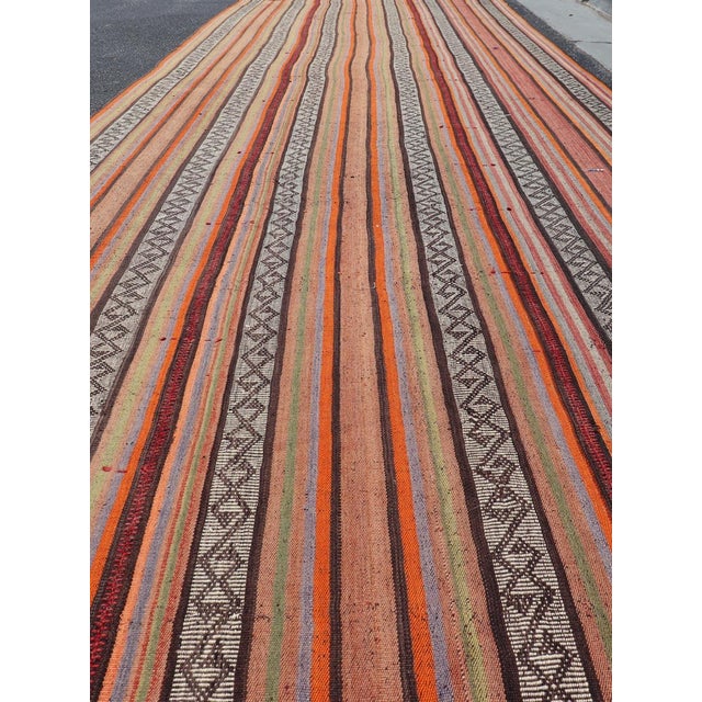 Mid-20th Century Hand-Woven Kilim Runner With Vertical Stripes 4'9 X 17'2 For Sale - Image 4 of 13